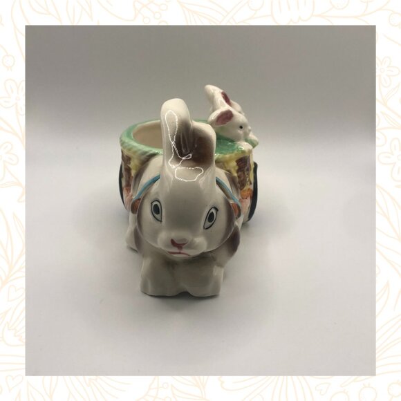 Ceramic Easter Bunny Rabbit Planter with Baby Bunnies in Cart - ESD Hand Painted - Picture 2 of 7